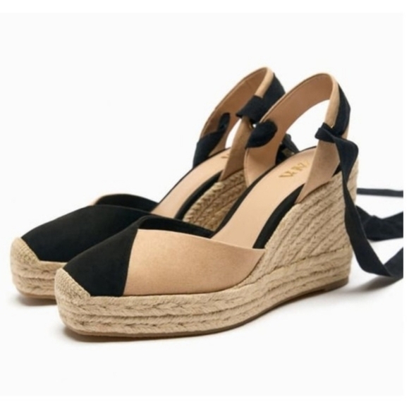 Zara Espadrille Wedge Sandals Black Tan Ankle Tie Wrap Platform Heels - Picture 2 of 14